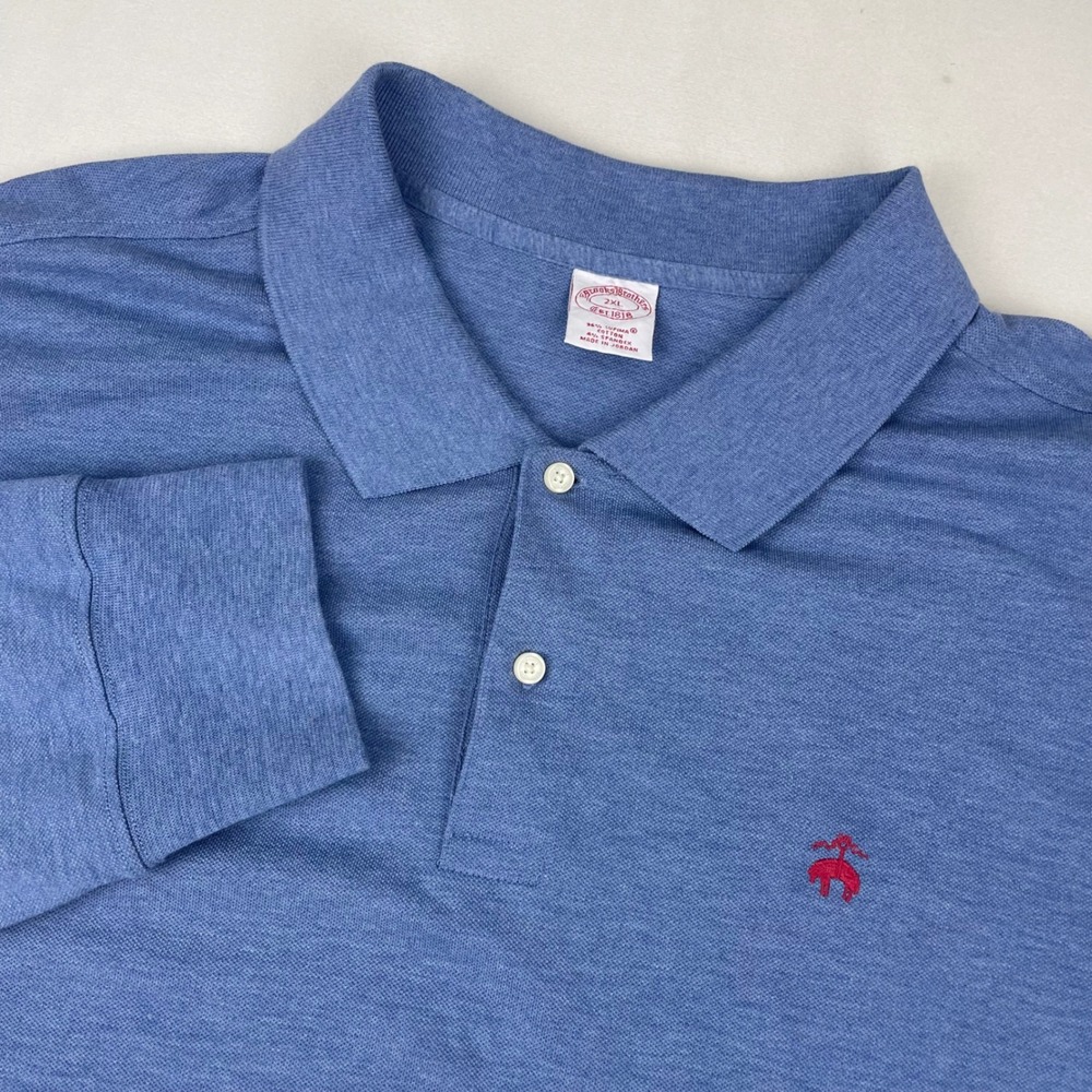 Brooks Brothers Mens 2XL Blue Supima Cotton Long Sleeve Polo Shirt Logo 0656